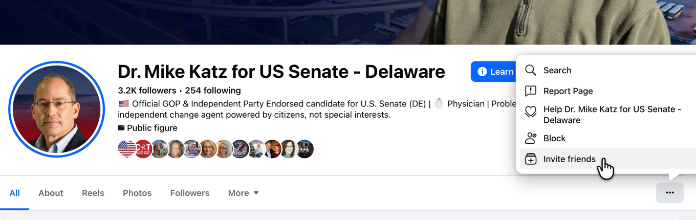 Facebook page menu with the Invite friends option highlighted